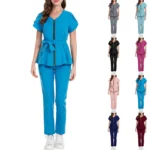 Women's Nurse Scrub Set V-Neck Short Sleeve Zipper Belted Multi-Color Long Pants - Image 2