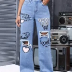 Women's High Waist Button Up Butterfly Print Jeans Fashion