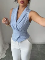 Women's Elegant Sleeveless V-Neck Blouse with Bow Belt Detail - Light Blue & White Striped Top - Image 5