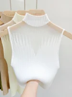 Mesh Knitted Top Women Y2K Tank Top Half Neck Vest Female Sleeveless Sweater - Image 4