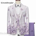 G&N Series Men Suits Blazer Beautiful Lilac Purple Floral Pattern Tuxedos 3 Pieces