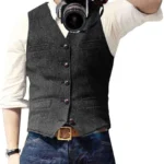 Men's Suit Vest V Neck Wool Herringbone Tweed Casual Waistcoat