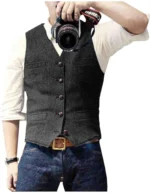Men's Suit Vest V Neck Wool Herringbone Tweed Casual Waistcoat