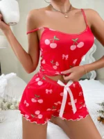 Women Cherry Print Cami Top And Shorts Pajama Set Summer Sleepwear - Image 5