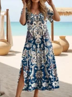 Elegant Summer Plus Size V-Neck Butterfly Print Dress - Split Hem Short Sleeve Women's Fashion - Image 2