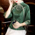 Chinese Ethnic Style Embroidery Women's Shirt Imitation Silk Buckle Tang Costume
