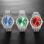 3pcs Men's Silver Watch Set Hip-hop Punk Inlay Diamond Watch+Cuban Chain+Bracelet - Image 4