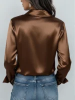 Women's Satin Button-Up Blouse, Elegant Collared Shirt for Office or Casual Wear - Image 2