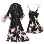 Sexy Nightwear Gown Set Women 2PC Pyjama V-Neck Pajamas Silky Sleepwear