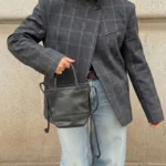 HH Women Fashion Plaid Blazer Coat Stand Collar Long Sleeve Jacket