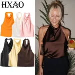 HXAO Top Women Halter Satin Women Tops Backless Corset Top Vest