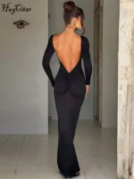 Hugcitar Spring Elegant Long Sleeve Backless Solid Cuched Sexy Bodycon Maxi Prom Dress