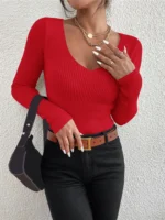 2026 Autumn Winter Women Solid Rib Knit V Neck Stripe Pull Sweater - Image 6