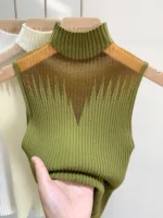 Mesh Knitted Top Women Y2K Tank Top Half Neck Vest Female Sleeveless Sweater - Image 5