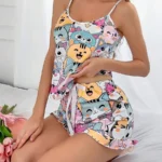 Cute Cat Print Camisole And Shorts Sleepwear Pajama Set For Women