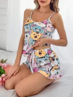 Cute Cat Print Camisole And Shorts Sleepwear Pajama Set For Women