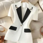 Women's White Black Contrast Blazer Short Sleeve Peak Lapel One Button Fitted Waist Office Blazer