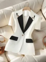 Women's White Black Contrast Blazer Short Sleeve Peak Lapel One Button Fitted Waist Office Blazer