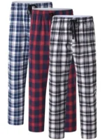 3Pcs Men's 100% Cotton Plaid Pajama Sleeping Pants, Long Plaid Print Sleepwear Pajama Pants - Image 3