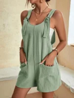 Women Summer Casual Short Rompers Elegant Solid Sleeveless Tie Knot Strap Jumpsuits