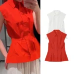 TFMLN Women's Pleated Shirt Spring Summer Vintage Lapel Collar Sleeveless Blouses