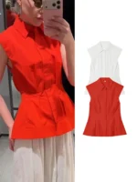 TFMLN Women's Pleated Shirt Spring Summer Vintage Lapel Collar Sleeveless Blouses