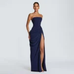 Yellow Strapless Pleated Dress Women Elegant Sexy Sleeveless Waist Cinching Split Maxi Gowns - Image 5