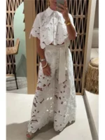 Sexy Lapel Single-breasted Shirt Top + Wide-leg Pants 2-piece Set Women Fashion