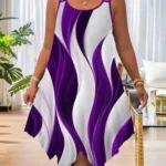 Plus-size women's fashion asymmetrical geometric stripes printed double strap dress