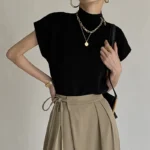 Fashion Vest Shirt Solid Stand-up Collar Knitted Sweater Short Sleeve Office