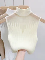 Mesh Knitted Top Women Y2K Tank Top Half Neck Vest Female Sleeveless Sweater