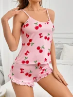 Women Cherry Print Cami Top And Shorts Pajama Set Summer Sleepwear - Image 4
