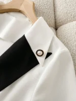Women's White Black Contrast Blazer Short Sleeve Peak Lapel One Button Fitted Waist Office Blazer - Image 3