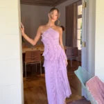 Elegant Purple Halter A Line Prom Gowns Ruffles Tiered Backless
