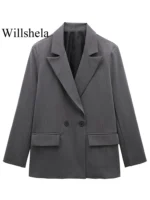 Willshela Women Fashion With Pockets Solid Double Breasted Blazer Vintage Long Sleeves - Image 2