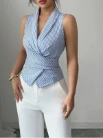 Women's Elegant Sleeveless V-Neck Blouse with Bow Belt Detail - Light Blue & White Striped Top - Image 4