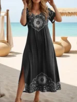 Elegant Summer Plus Size V-Neck Butterfly Print Dress - Split Hem Short Sleeve Women's Fashion - Image 6