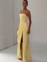 Yellow Strapless Pleated Dress Women Elegant Sexy Sleeveless Waist Cinching Split Maxi Gowns - Image 3
