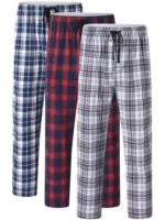 3Pcs Men's 100% Cotton Plaid Pajama Sleeping Pants, Long Plaid Print Sleepwear Pajama Pants - Image 4
