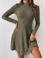 Women's slim fit half high collar waist cinched A-line skirt long sleeved pit stripe dress - Image 6