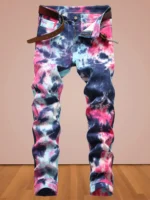 Europe and America wind new men's high street jeans tie-dyed red and blue contrast