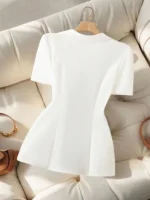 Women's White Black Contrast Blazer Short Sleeve Peak Lapel One Button Fitted Waist Office Blazer - Image 2