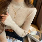 Autumn Winter Mock Neck Women Sweater Vintage Casual Slim Pullover Sweaters