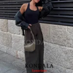KONDALA Casual Chic Wide Leg Pants Women Office Lady Pockets Pleated Long Trousers - Image 2