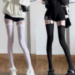 Sexy Suspender Thigh High Stockings Velvet Thin Black White Irregular Exposed Skin - Image 4