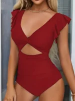 Contrast Mesh One Piece Swimsuit, V Neck Solid Color Backless Tummy Control High Cut Bathing Suit - Image 4