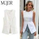 MUJER White Sleeveless Vest Women Button Summer Vests for Women Jacket Pink Vest