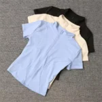 Women Summer Slim Yoga Tops Stand Collar Full Zipper Short Sleeves Shirts - Image 2