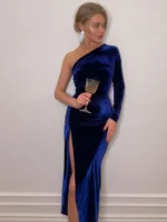 Women Elegant Long Sleeve Party Evening Velvet Bodycon Split Pencil Midi Dress Spring Autumn Clothes - Image 2
