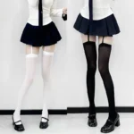 Sexy Suspender Thigh High Stockings Velvet Thin Black White Irregular Exposed Skin - Image 3